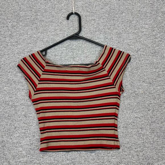 Brandy Melville Maroon Beige Black Striped Crop Top Off Shoulder Shirt Fits XS - Picture 2 of 7